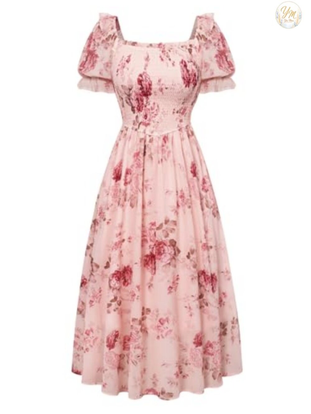 Women's Chiffon Floral Maxi Dress Puff Sleeve Smocked Square Neck